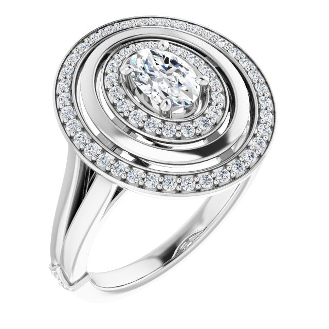 18K White Gold Customizable Oval Cut Oversized 2x Halo Style with Knuckle Accented Split Band