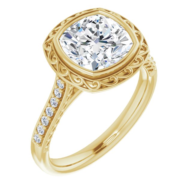 10K Yellow Gold Customizable Cathedral-Bezel Cushion Cut Design featuring Accented Band with Filigree Inlay