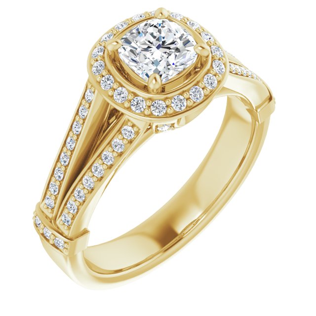 10K Yellow Gold Customizable Cushion Cut Setting with Halo, Under-Halo Trellis Accents and Accented Split Band