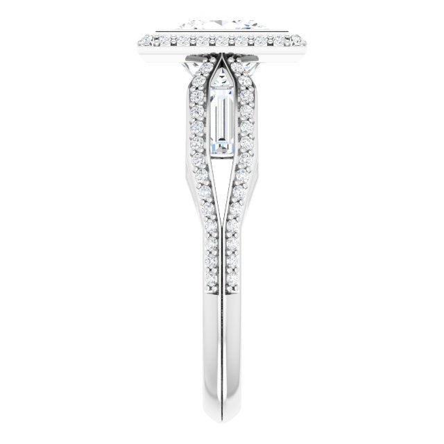 Cubic Zirconia Engagement Ring- The Alekhya (Customizable Cathedral-Bezel Princess/Square Cut Design with Halo, Split-Pavé Band & Channel Baguettes)
