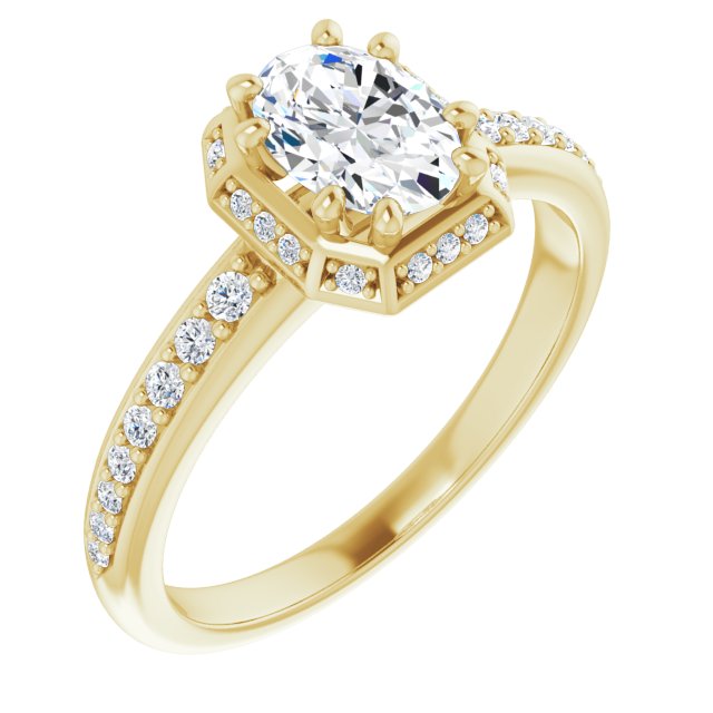 14K Yellow Gold Customizable Oval Cut Design with Geometric Under-Halo and Shared Prong Band