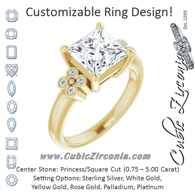 Cubic Zirconia Engagement Ring- The Heidi Grethe (Customizable 9-stone Design with Princess/Square Cut Center and Complementary Quad Bezel-Accent Sets)