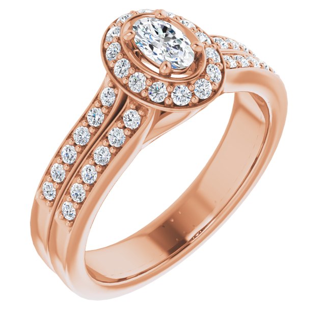 10K Rose Gold Customizable Oval Cut Halo Style with Accented Split-Band
