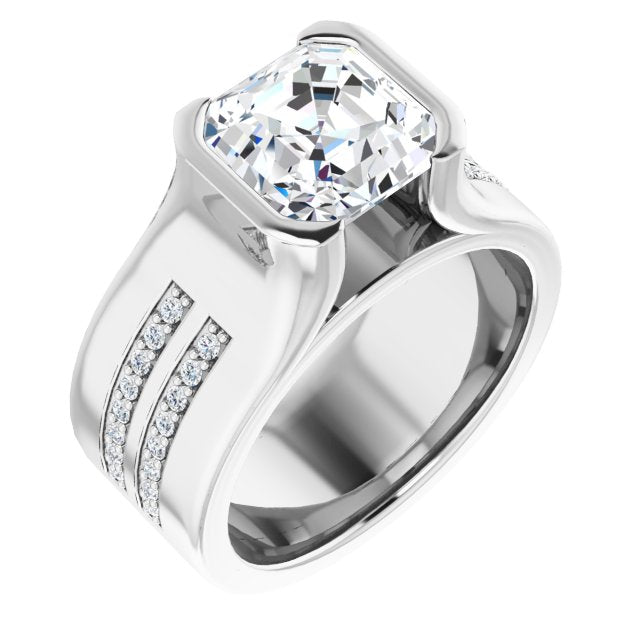10K White Gold Customizable Bezel-set Asscher Cut Design with Thick Band featuring Double-Row Shared Prong Accents
