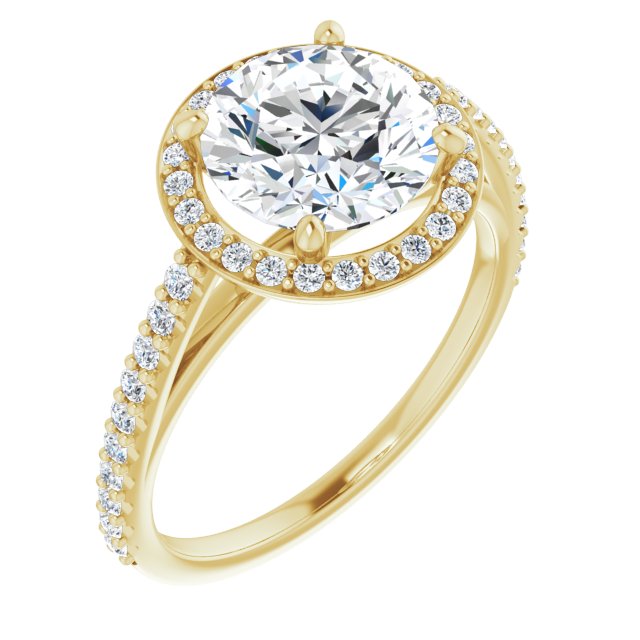 14K Yellow Gold Customizable Round Cut Design with Halo and Thin Pavé Band