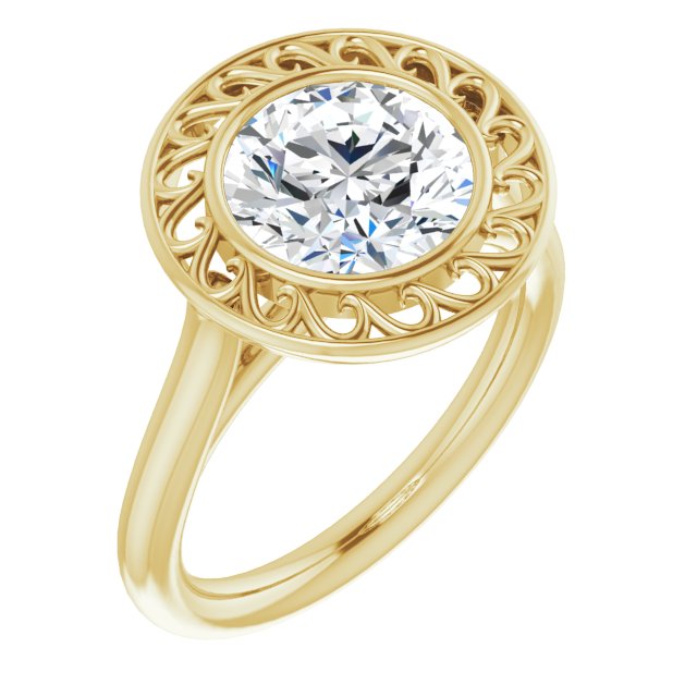 14K Yellow Gold Customizable Cathedral-Bezel Style Round Cut Solitaire with Flowery Filigree
