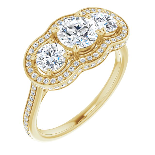 10K Yellow Gold Customizable 3-stone Round Cut Design with Multi-Halo Enhancement and 150+-stone Pavé Band