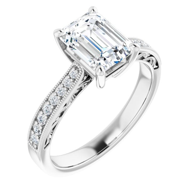 Cubic Zirconia Engagement Ring- The Lina (Customizable Radiant Cut Design with Round Band Accents and Three-sided Filigree Engraving)