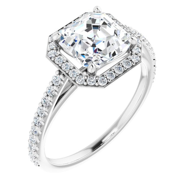 18K White Gold Customizable Asscher Cut Design with Halo and Thin Pavé Band