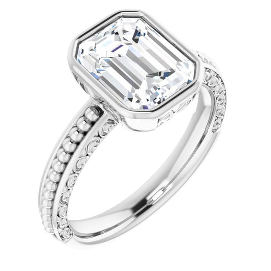 10K White Gold Customizable Bezel-set Emerald/Radiant Cut Solitaire with Beaded and Carved Three-sided Band