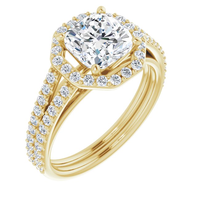 Cubic Zirconia Engagement Ring- The Danieela (Customizable Cathedral Cushion Cut Design with Geometric Halo & Split Pavé Band)