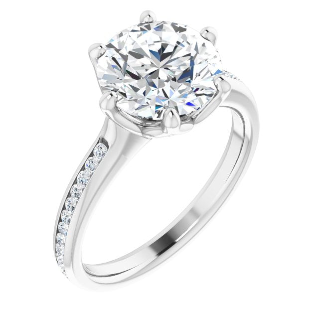 14K White Gold Customizable 6-prong Round Cut Design with Round Channel Accents