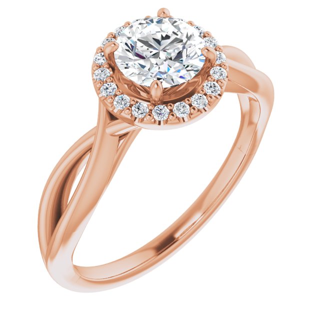10K Rose Gold Customizable Cathedral-Halo Round Cut Design with Twisting Split Band