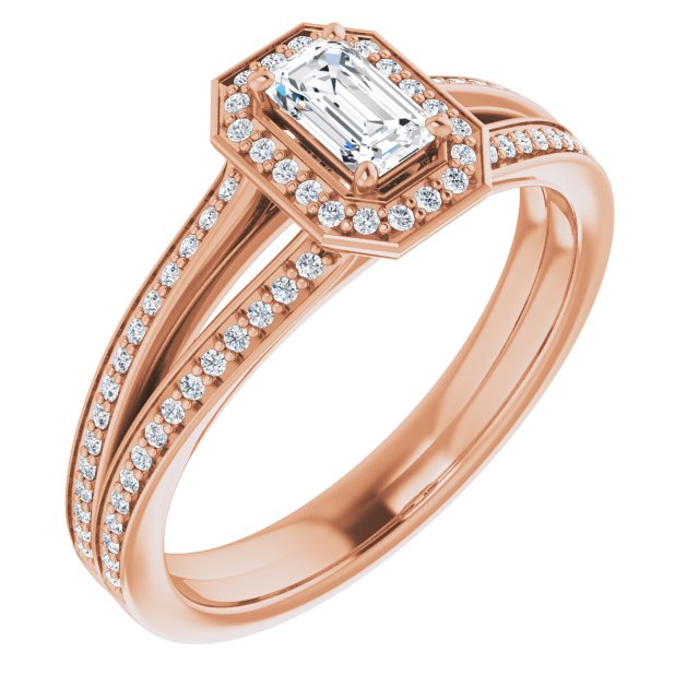 10K Rose Gold Customizable Emerald/Radiant Cut Design with Split-Band Shared Prong & Halo