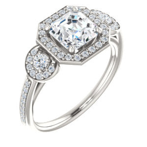 Cubic Zirconia Engagement Ring- The Téa (Asscher Cut Customizable 3-Stone Cathedral-Halo with Accented Band)