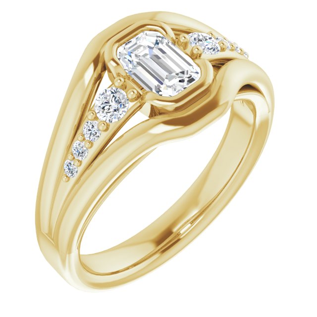 10K Yellow Gold Customizable 9-stone Emerald/Radiant Cut Design with Bezel Center, Wide Band and Round Prong Side Stones