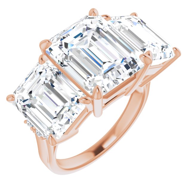 10K Rose Gold Customizable Triple Emerald/Radiant Cut Design with Quad Vertical-Oriented Round Accents