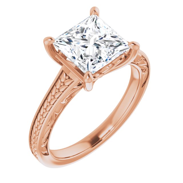 14K Rose Gold Customizable Princess/Square Cut Solitaire with Organic Textured Band and Decorative Prong Basket