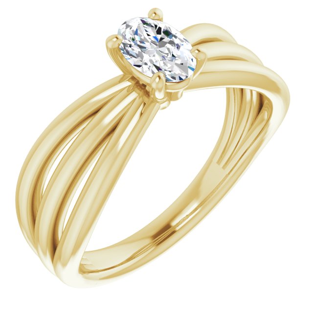 10K Yellow Gold Customizable Oval Cut Solitaire Design with Wide, Ribboned Split-band