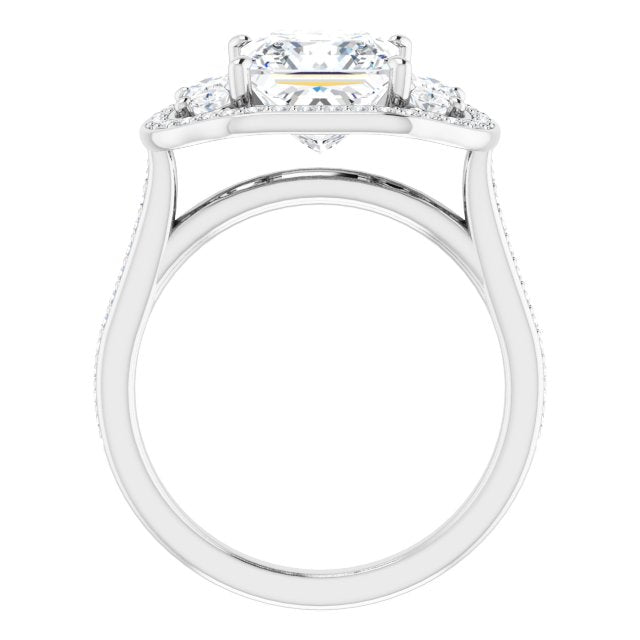 Cubic Zirconia Engagement Ring- The Dulce (Customizable Princess/Square Cut Style with Oval Cut Accents, 3-stone Halo & Thin Shared Prong Band)
