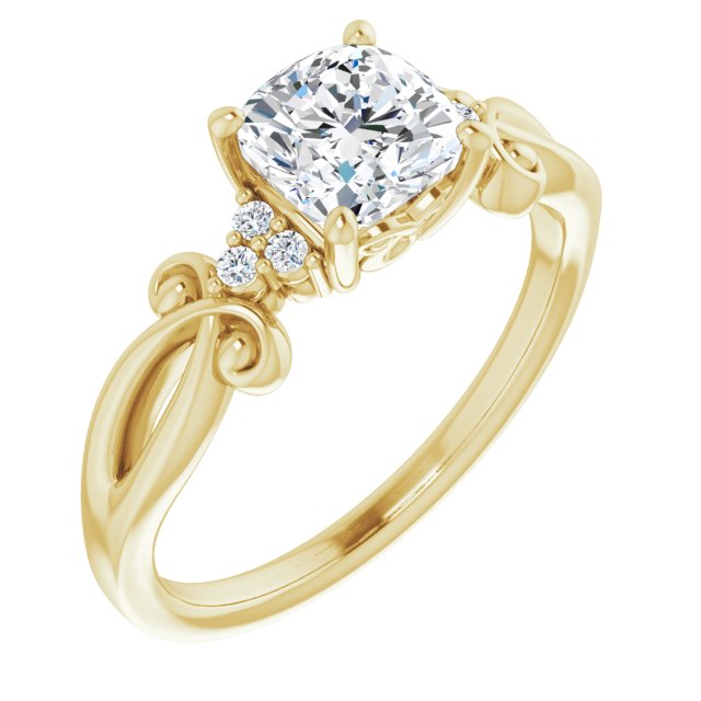 10K Yellow Gold Customizable 7-stone Cushion Cut Design with Tri-Cluster Accents and Teardrop Fleur-de-lis Motif