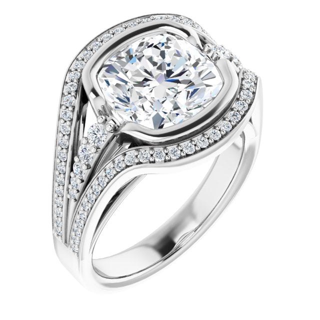 10K White Gold Customizable Cathedral-Bezel Cushion Cut Design with Wide Triple-Split-Pavé Band