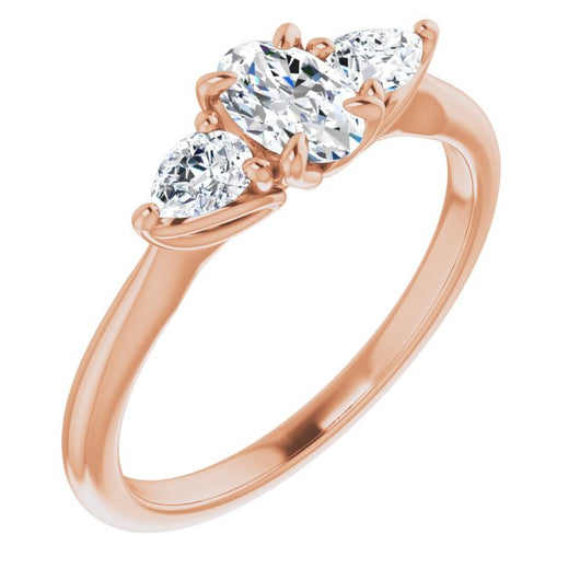10K Rose Gold Customizable 3-stone Design with Oval Cut Center and Dual Large Pear Side Stones