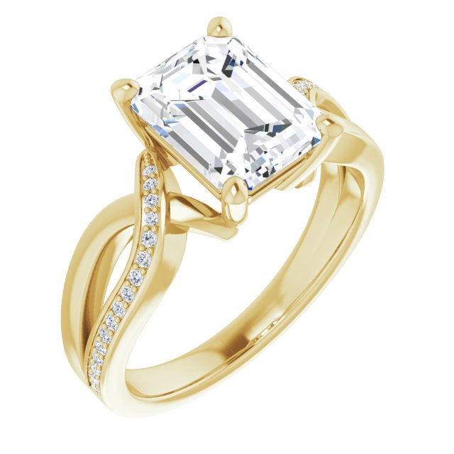 10K Yellow Gold Customizable Emerald/Radiant Cut Center with Curving Split-Band featuring One Shared Prong Leg