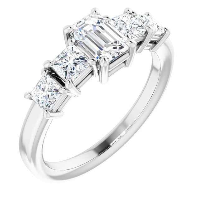 10K White Gold Customizable 5-stone Emerald/Radiant Cut Style with Quad Princess-Cut Accents