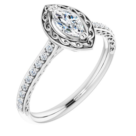 10K White Gold Customizable Marquise Cut Halo Design with Filigree and Accented Band