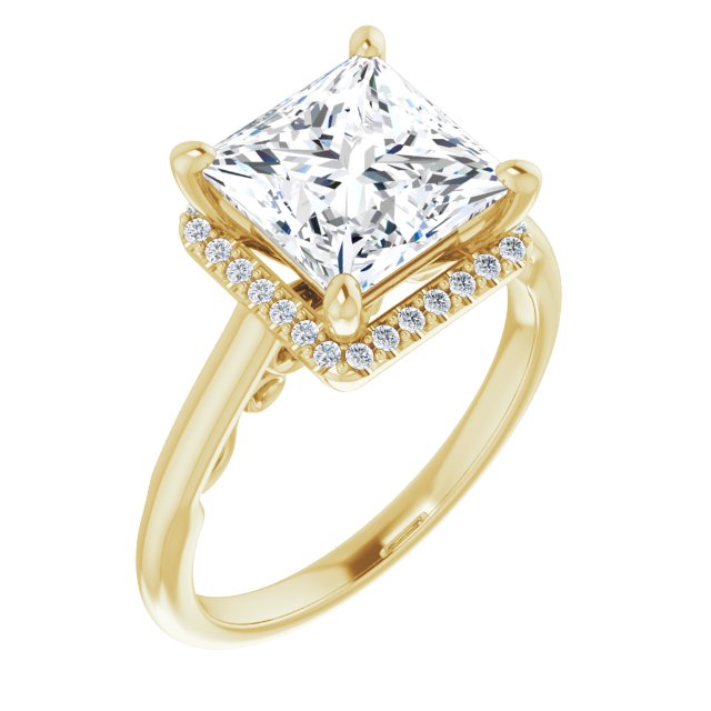 10K Yellow Gold Customizable Cathedral-Halo Princess/Square Cut Style featuring Sculptural Trellis