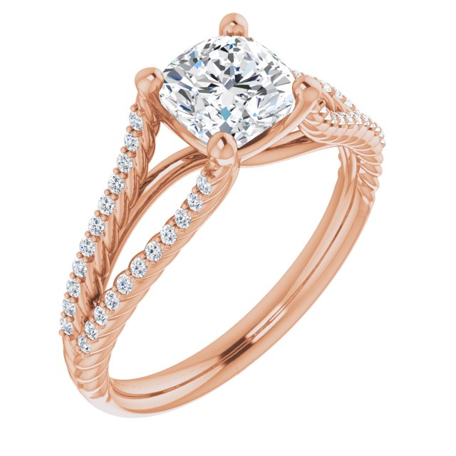 10K Rose Gold Customizable Cushion Cut Style with Split Band and Rope-Pavé