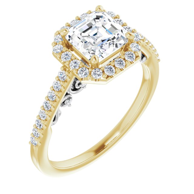 14K Yellow & White Gold Customizable Cathedral-Halo Asscher Cut Design with Carved Metal Accent plus Pavé Band