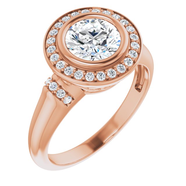 10K Rose Gold Customizable Bezel-set Round Cut Design with Halo and Vertical Round Channel Accents