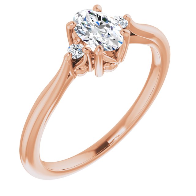 10K Rose Gold Customizable Three-stone Oval Cut Design with Small Round Accents and Vintage Trellis/Basket