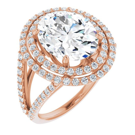 10K Rose Gold Customizable Oval Cut Design with Double Halo and Wide Split-Pavé Band