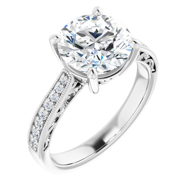 18K White Gold Customizable Round Cut Design with Round Band Accents and Three-sided Filigree Engraving