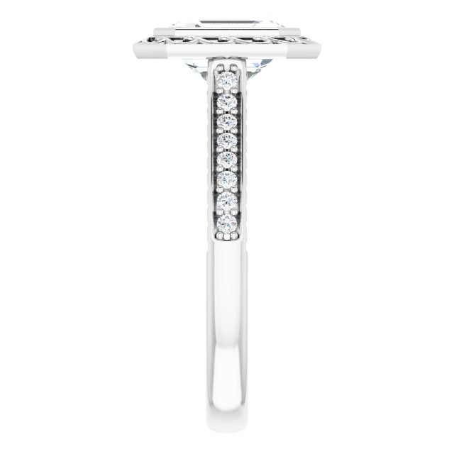 Cubic Zirconia Engagement Ring- The Itzayana (Customizable Cathedral-Bezel Radiant Cut Design featuring Accented Band with Filigree Inlay)