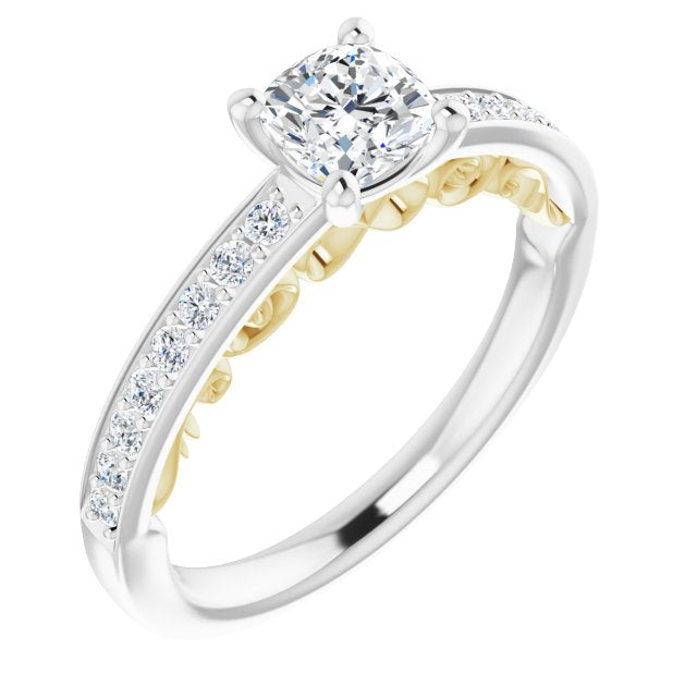 14K White & Yellow Gold Customizable Cushion Cut Design featuring 3-Sided Infinity Trellis and Round-Channel Accented Band