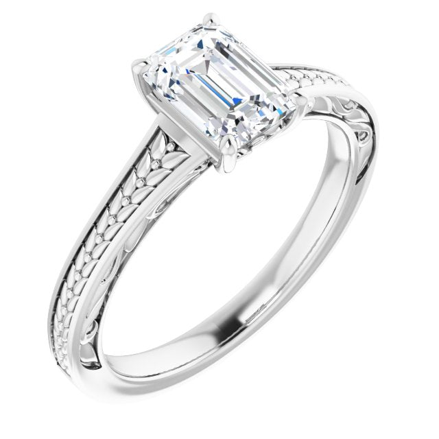 10K White Gold Customizable Emerald/Radiant Cut Solitaire with Organic Textured Band and Decorative Prong Basket