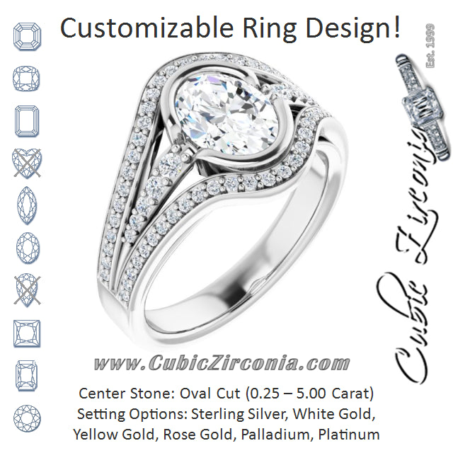 Cubic Zirconia Engagement Ring- The Paola (Customizable Cathedral-Bezel Oval Cut Design with Wide Triple-Split-Pavé Band)