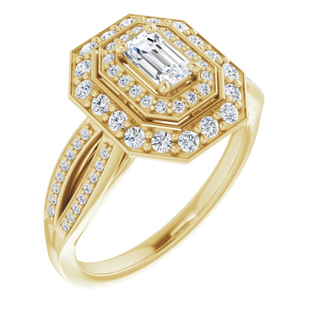 10K Yellow Gold Customizable Cathedral-style Emerald/Radiant Cut Design with Double Halo & Split-Pavé Band