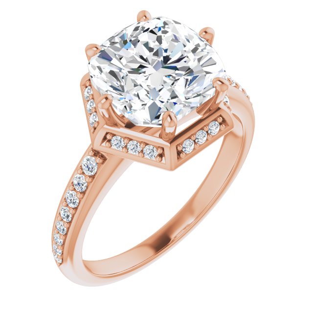10K Rose Gold Customizable Cushion Cut Design with Geometric Under-Halo and Shared Prong Band