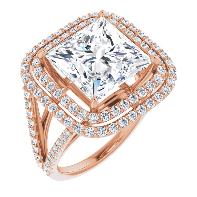 10K Rose Gold Customizable Princess/Square Cut Design with Double Halo and Wide Split-Pavé Band
