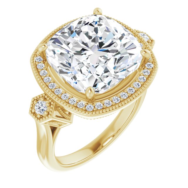 10K Yellow Gold Customizable Cathedral Cushion Cut Design with Halo and Delicate Milgrain