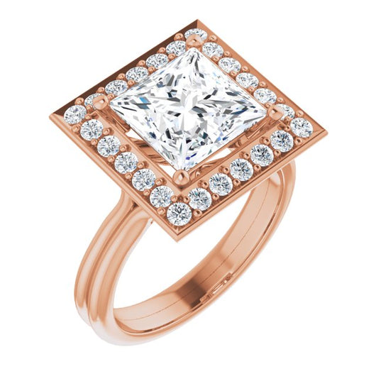 10K Rose Gold Customizable Cluster-Halo Accented Princess/Square Cut Style with Tapered Dual Band