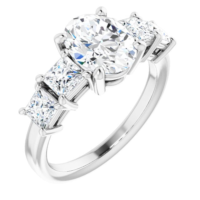 10K White Gold Customizable 5-stone Oval Cut Style with Quad Princess-Cut Accents