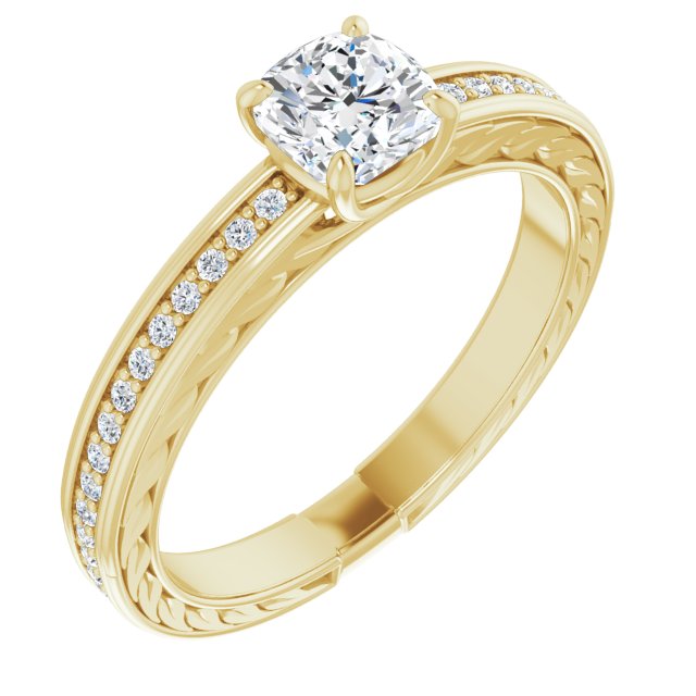 10K Yellow Gold Customizable Cushion Cut Design with Rope-Filigree Hammered Inlay & Round Channel Accents