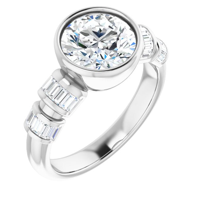 Cubic Zirconia Engagement Ring- The Astrid (Customizable Bezel-set Round Cut Design with Quad Horizontal Band Sleeves of Baguette Accents)