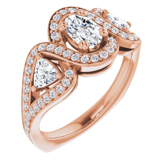 10K Rose Gold Customizable Oval Cut Center with Twin Trillion Accents, Twisting Shared Prong Split Band, and Halo